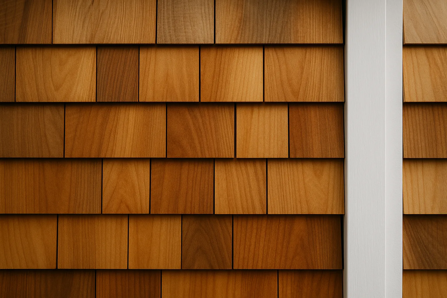 Rich natural cedar shingle siding with warm grain on a valley home