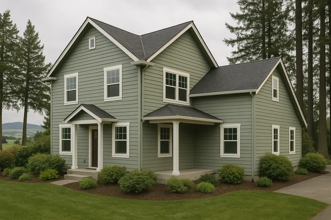 A Willamette Valley home with fresh fiber cement lap siding under soft overcast light