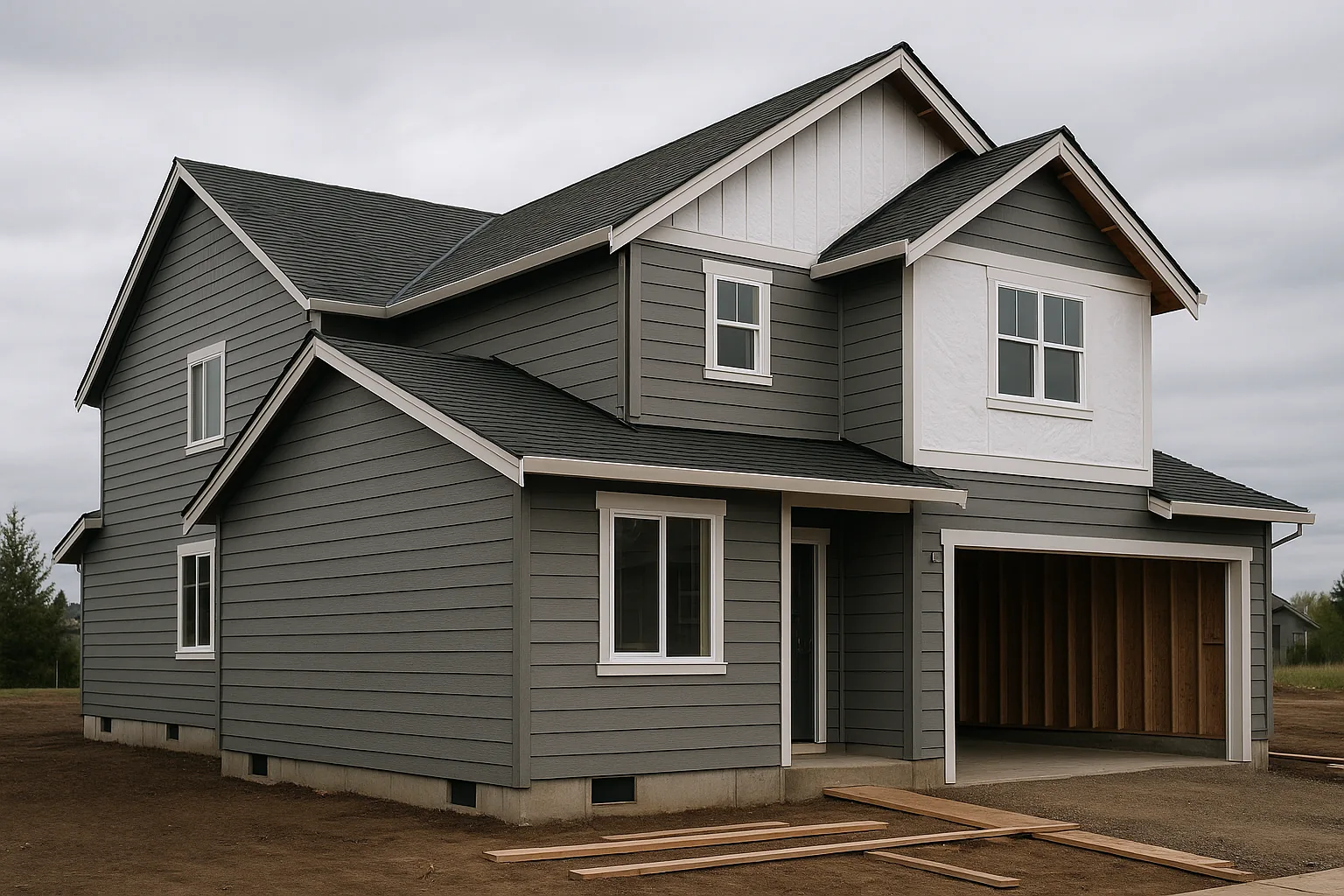 A newly built valley home receiving crisp fiber cement siding over a clean weather barrier