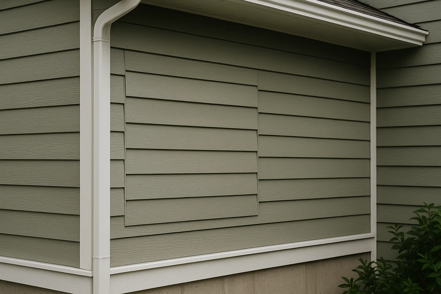 A neatly repaired section of lap siding blended into the surrounding wall