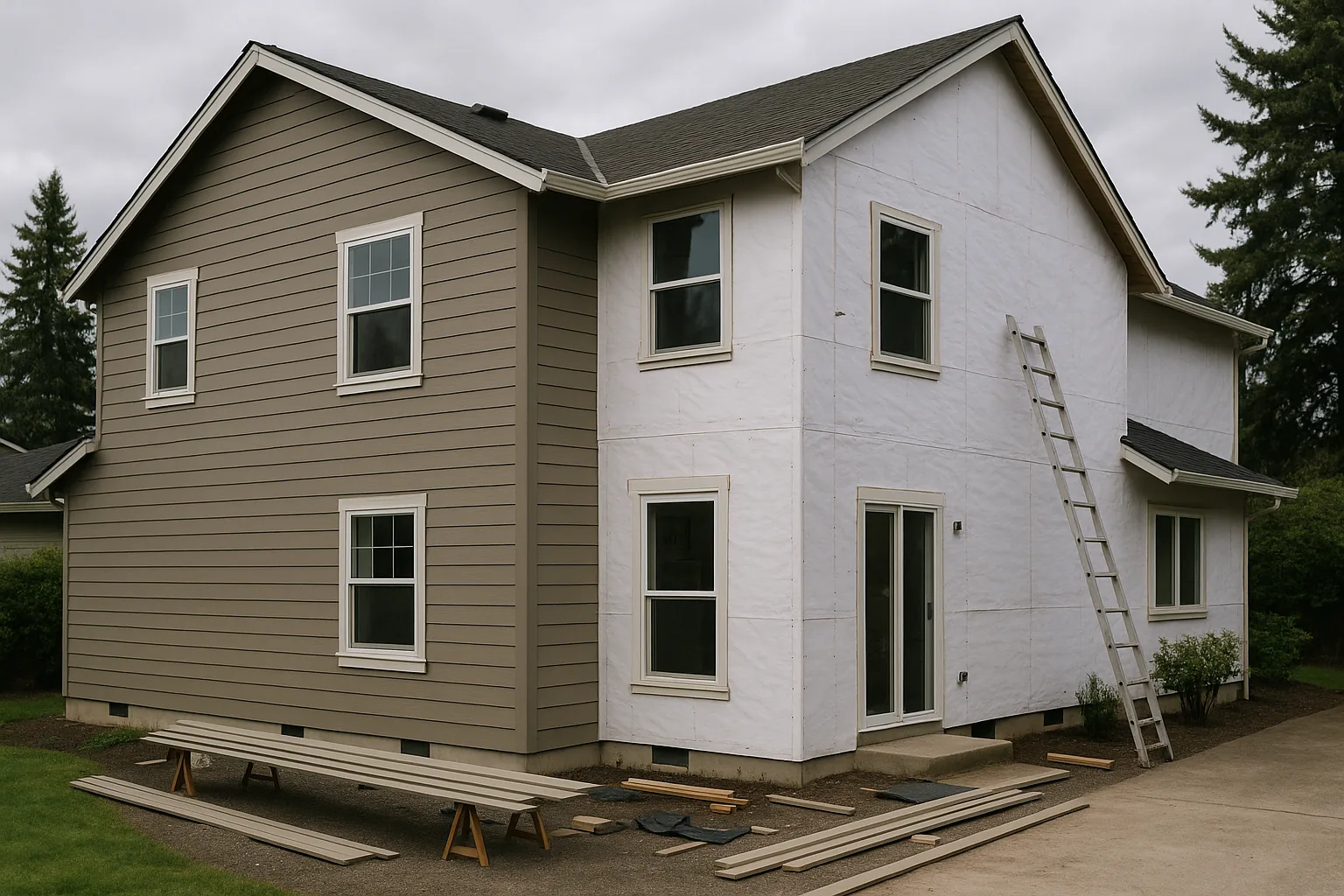 A Willamette Valley home mid project with fresh lap siding going up over a new weather barrier