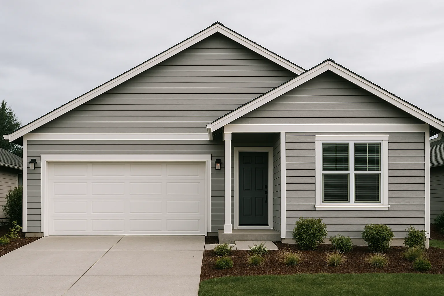Clean modern vinyl lap siding in a soft neutral on a valley home